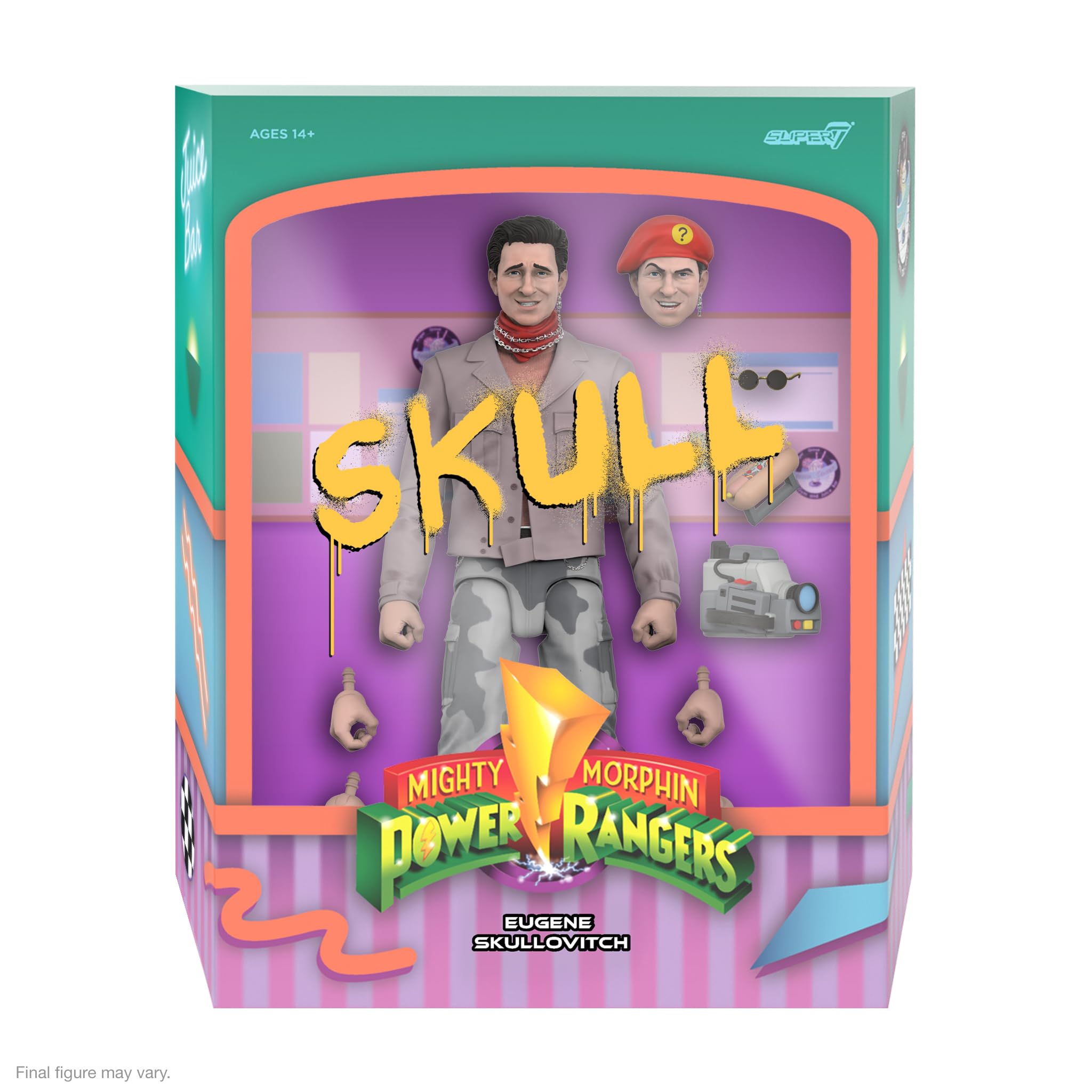 Super7 Skull 7-inch figure accessories camcorder enhances nostalgic scene recreations.