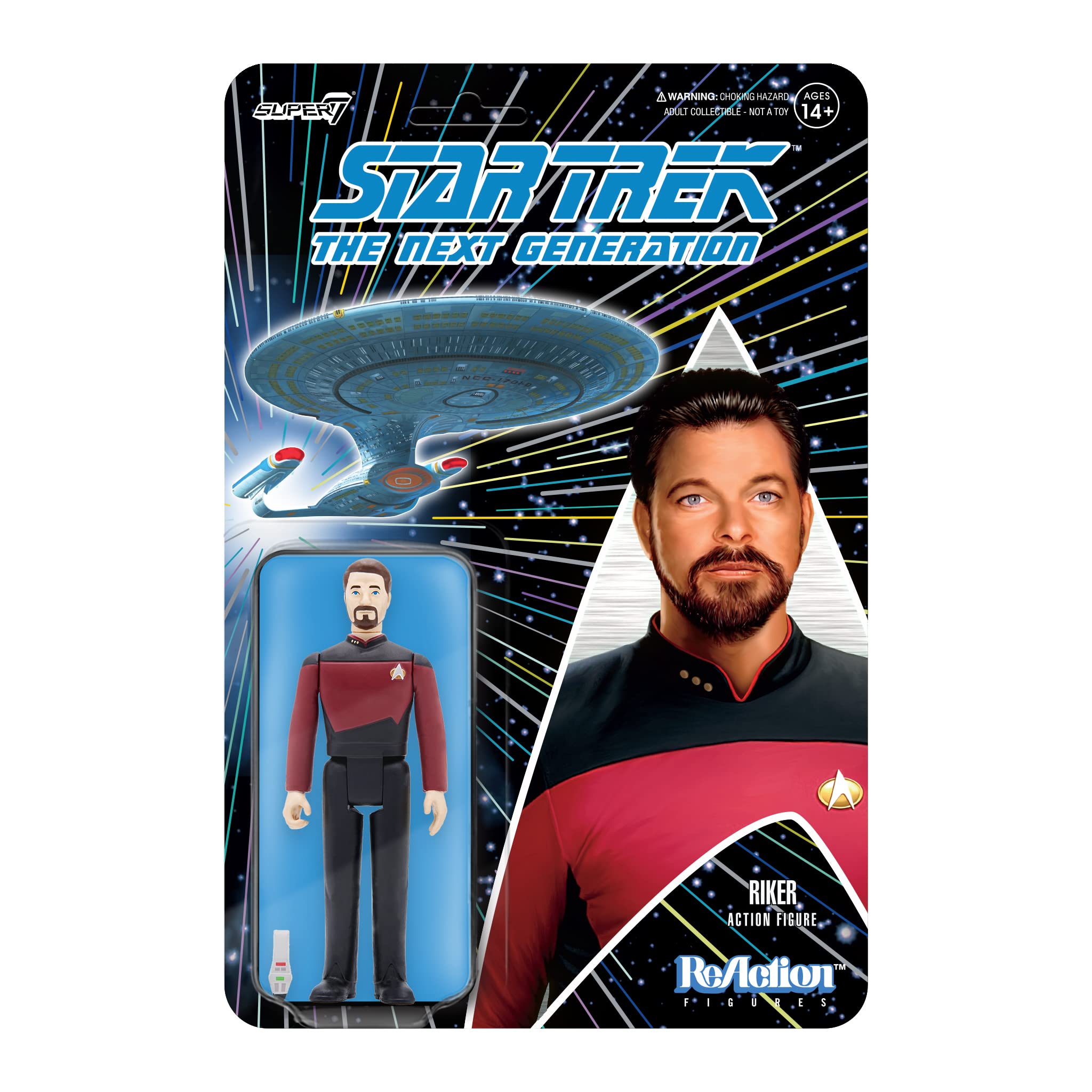 Super7 Commander Riker figure in red uniform ready for display and collection.