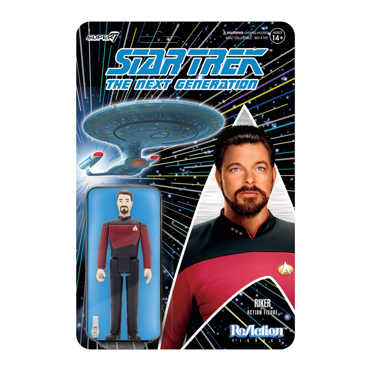 Super7 Commander Riker figure in red uniform ready for display and collection.