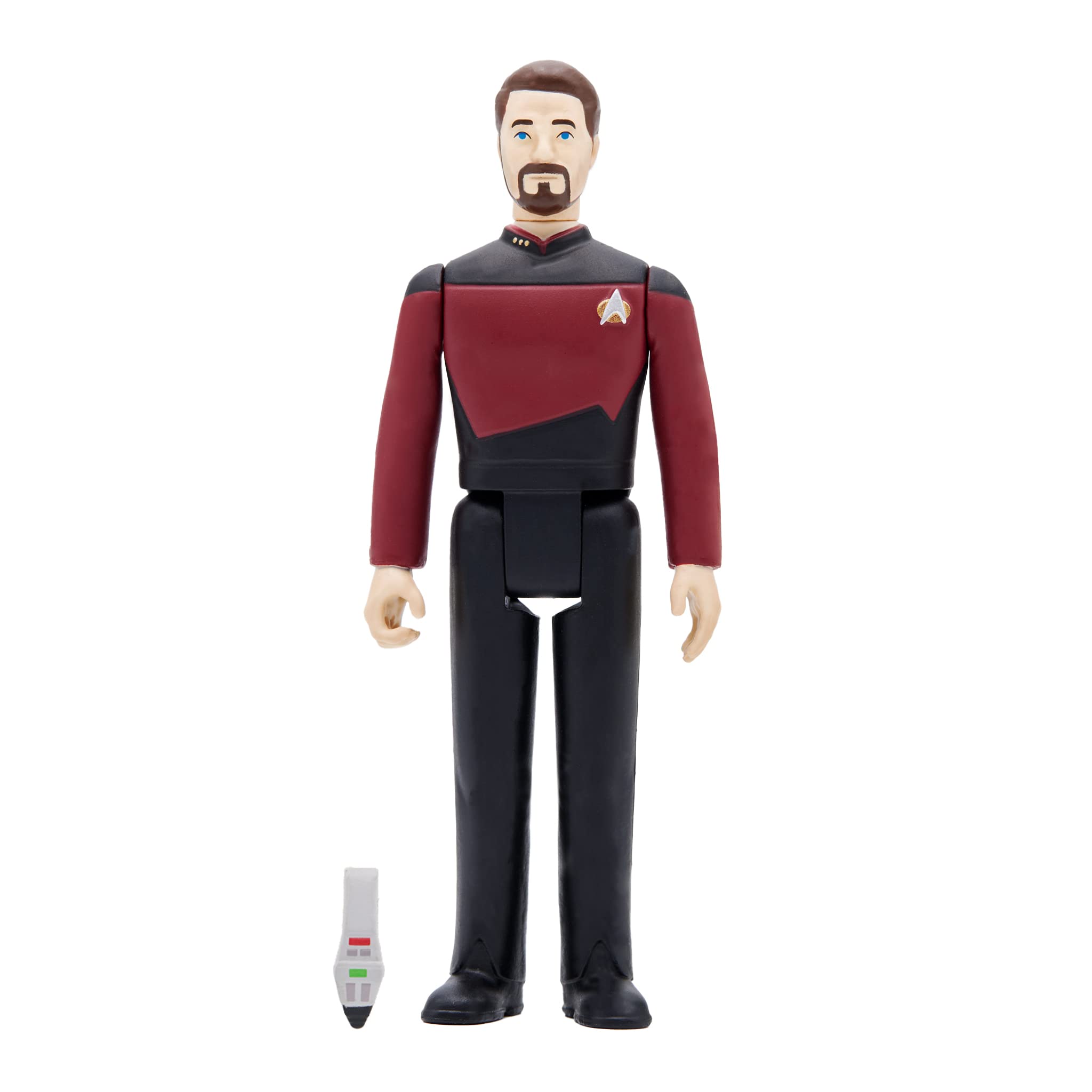 Super7 Star Trek TNG Riker phaser accessory enhances pose-ready scene recreations.