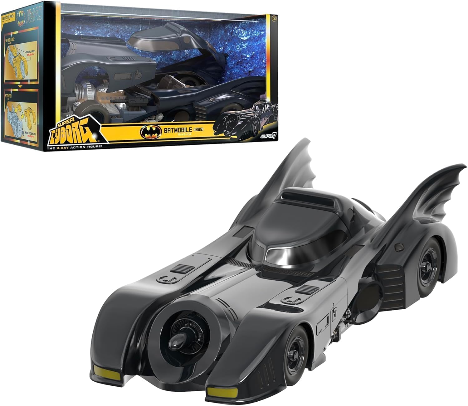 Super7 Batman Batmobile 1989 front view, ideal for display and retro collection.