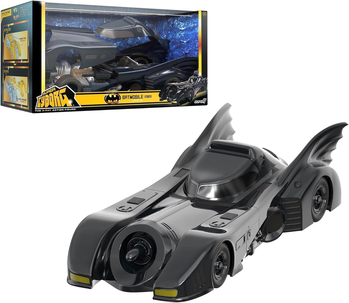 Super7 Batman Batmobile 1989 front view, ideal for display and retro collection.
