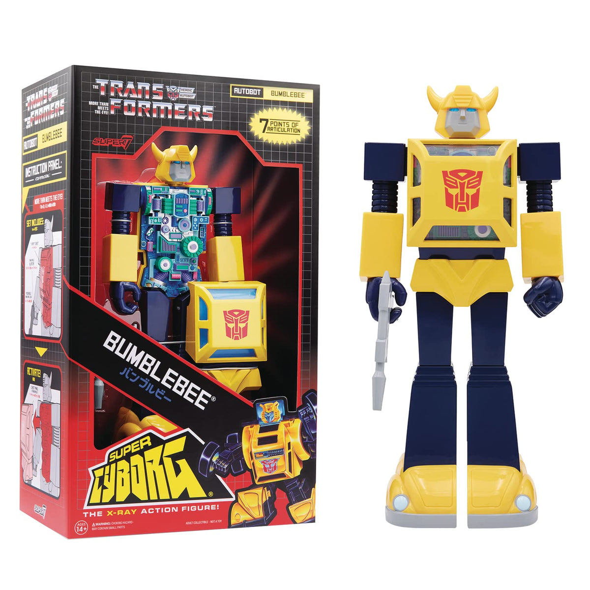 Super7 Super Cyborg Bumblebee front view highlights bold G1 paint for display and collection.