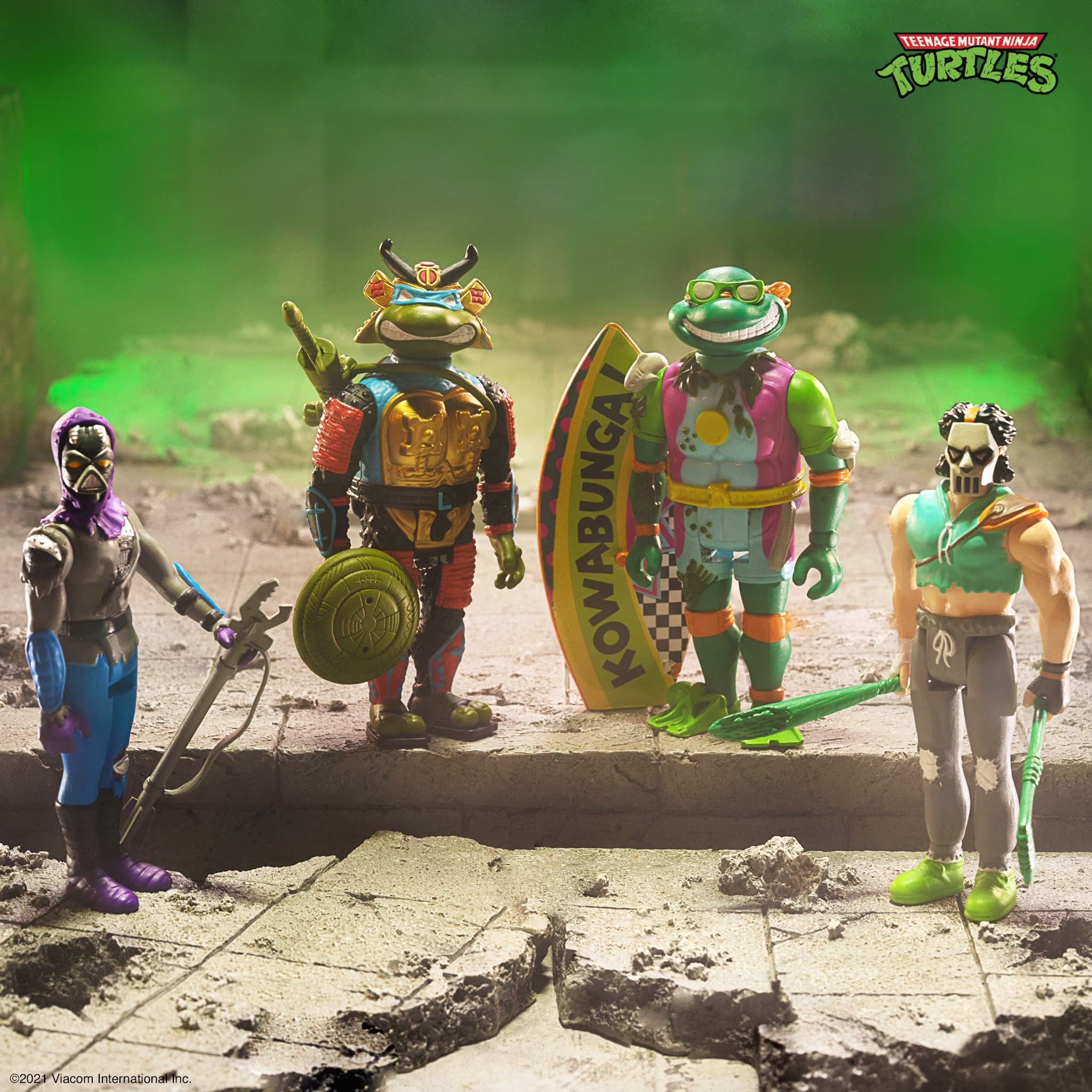 Super7 TMNT Sewer Surfer Michelangelo accessories help recreate classic cartoon moments.
