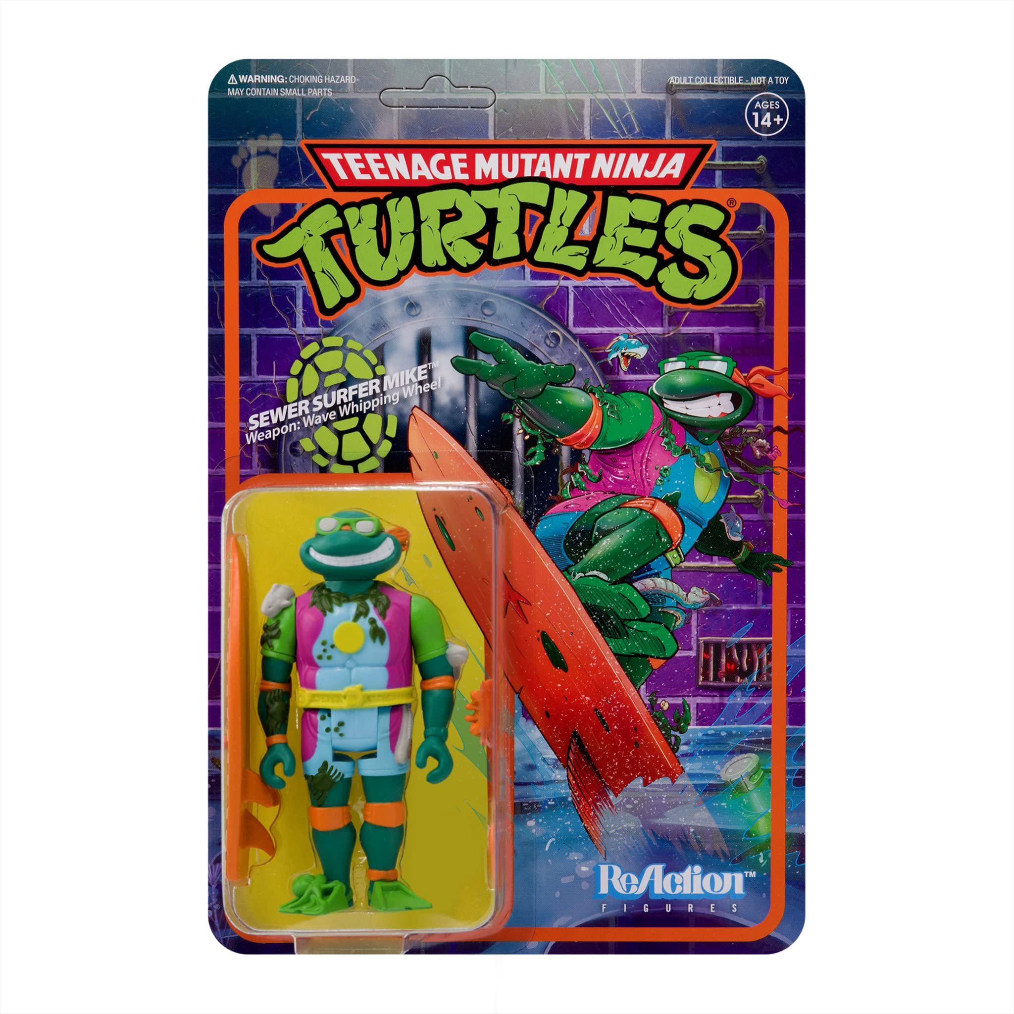 Super7 TMNT Sewer Surfer Michelangelo with surfboard ready for retro adventures.