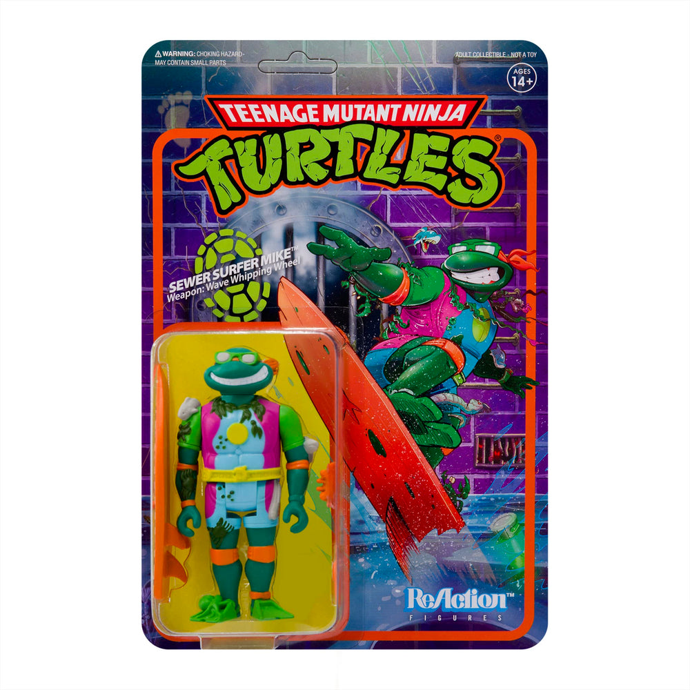Super7 TMNT Sewer Surfer Michelangelo with surfboard ready for retro adventures.