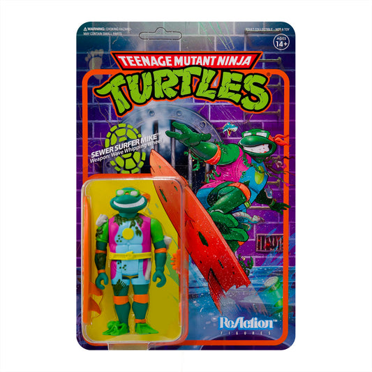 Super7 TMNT Sewer Surfer Michelangelo with surfboard ready for retro adventures.