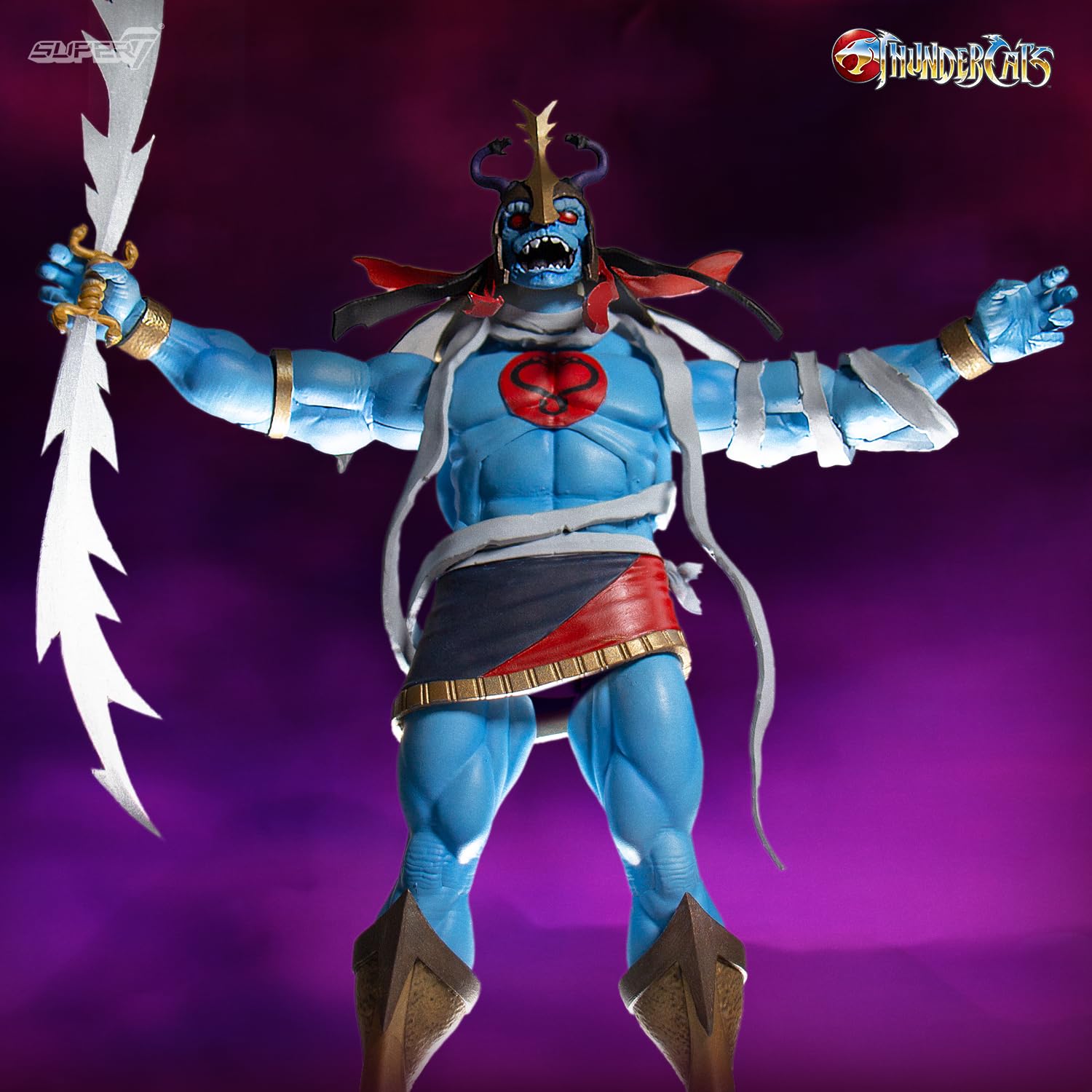 Super7 Ultimates Mumm-Ra 8-inch figure towers beside Ma-Mutt on shelf.
