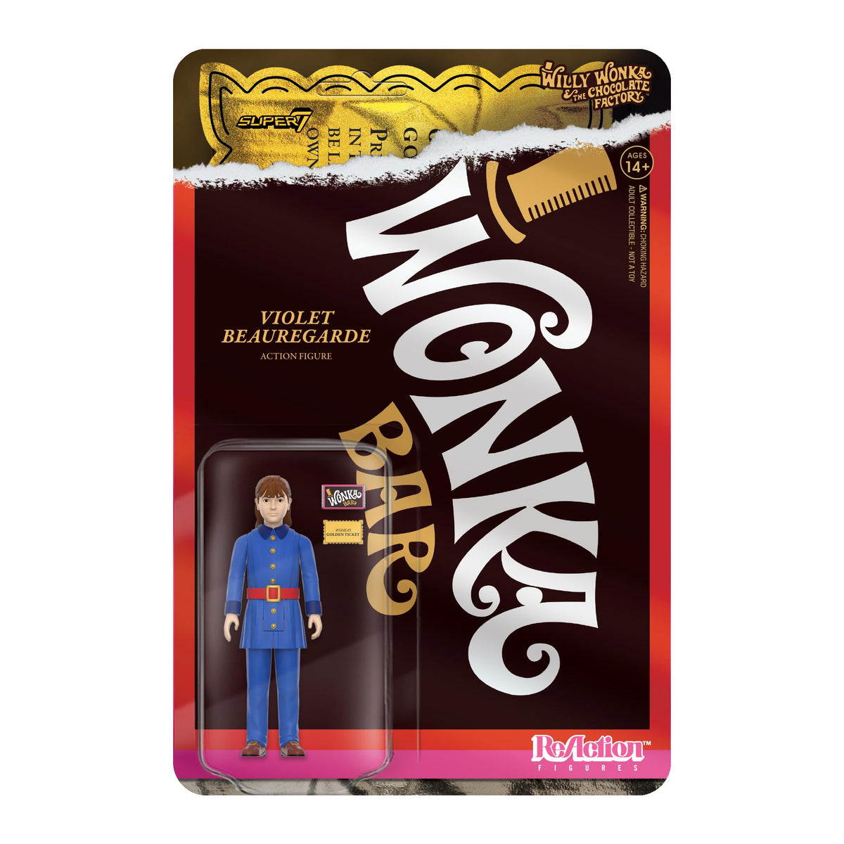 Super7 Violet Beauregarde figure with Wonka Bar accessory, ideal for display collections.