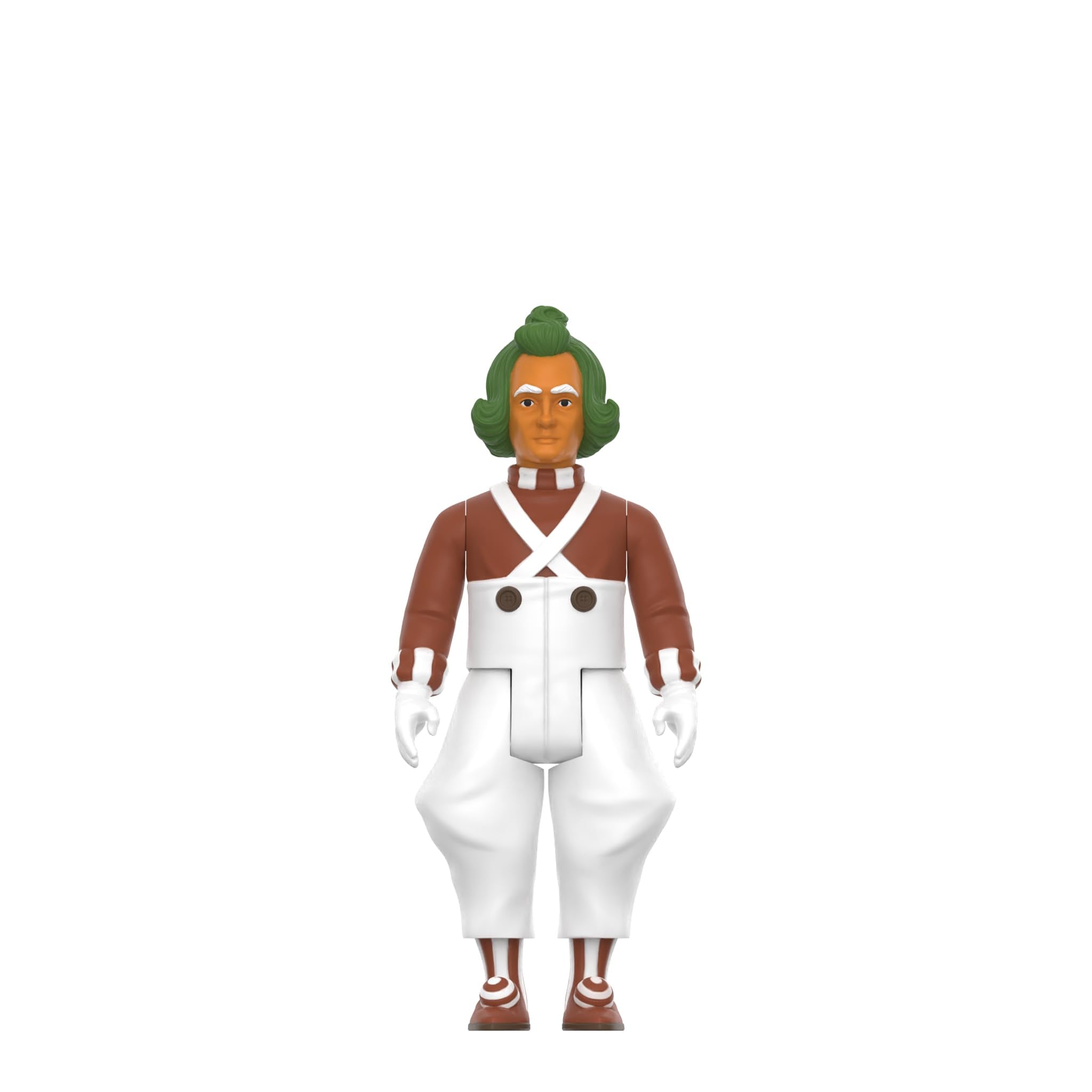 Detail shot of the brown shirt and white overalls on the Oompa Loompa.