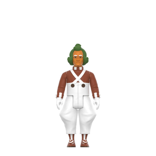 Detail shot of the brown shirt and white overalls on the Oompa Loompa.