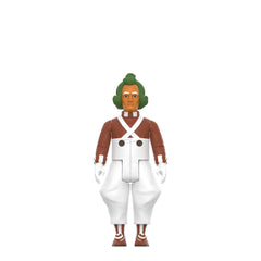 Detail shot of the brown shirt and white overalls on the Oompa Loompa.