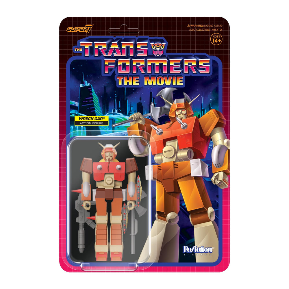 Super7 Wreck-Gar ax and blaster accessory enhances display and nostalgic play.