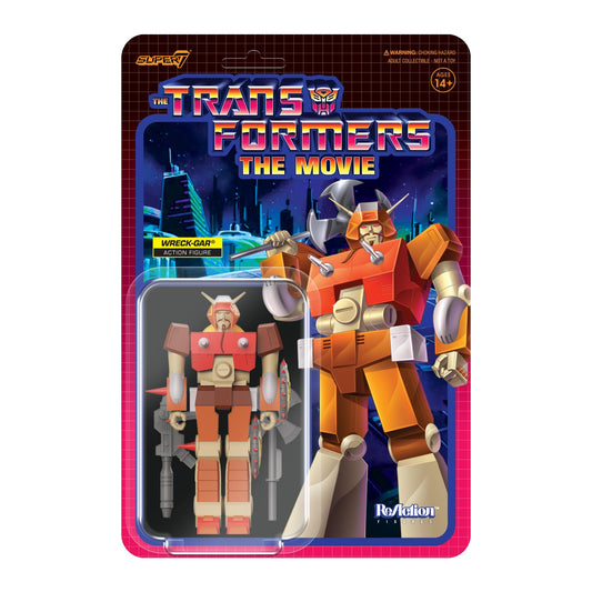 Super7 Wreck-Gar ax and blaster accessory enhances display and nostalgic play.