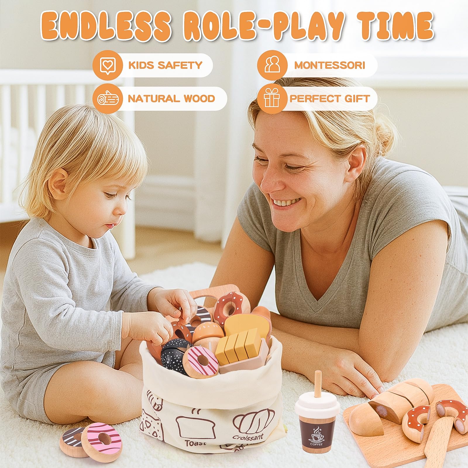 SUPERGFS wooden bakery set muffins and donuts for cafe order role-play
