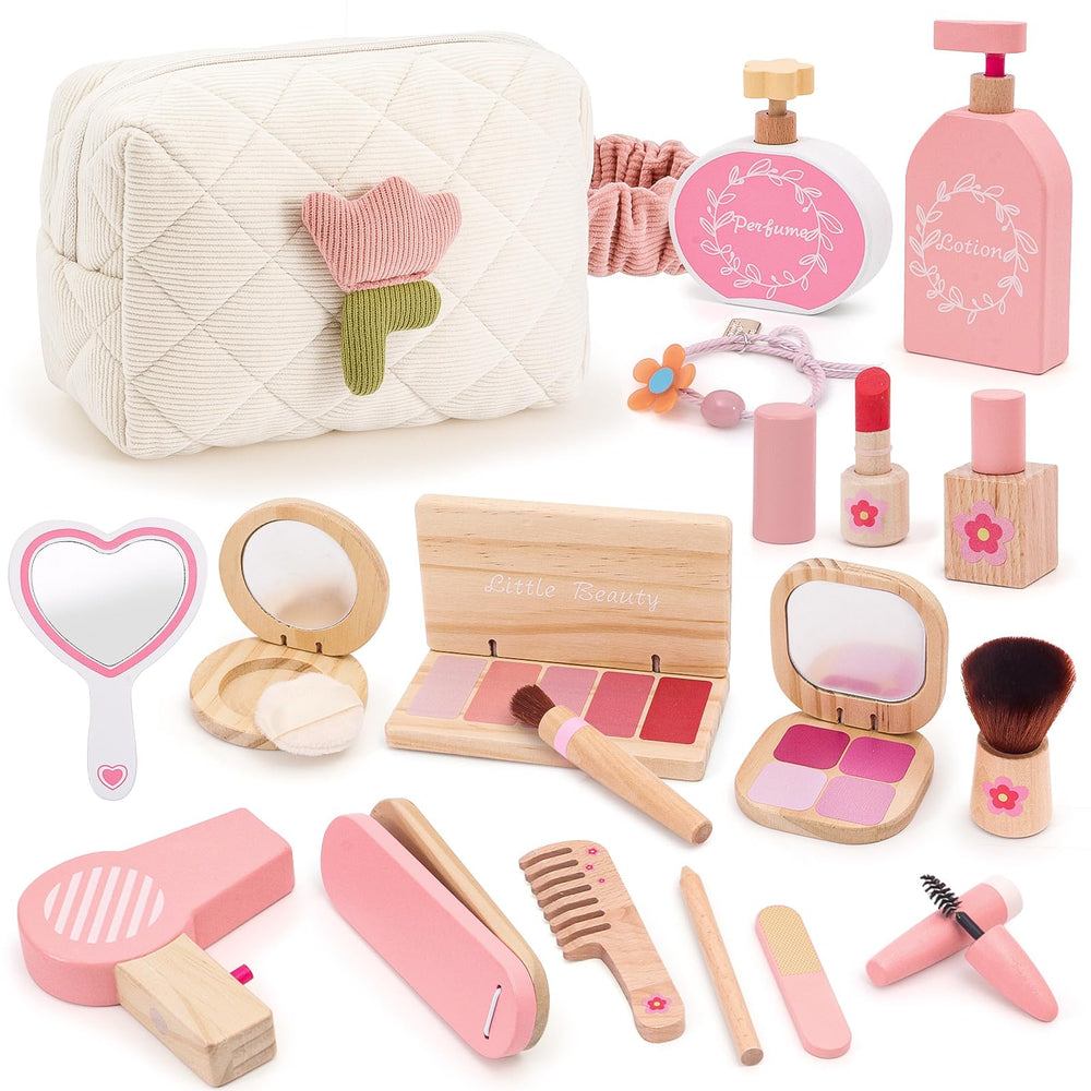 SUPERGFS wooden makeup set bag open for pretend play, portable and mess-free.