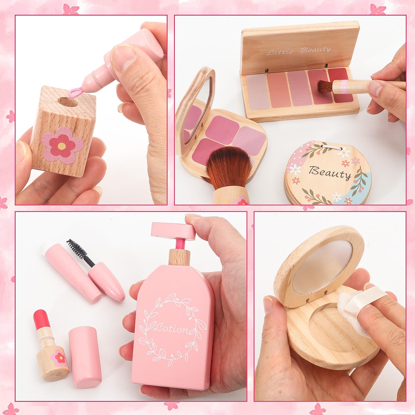 SUPERGFS wooden makeup set mascara lipstick demonstrating realistic cosmetics for storytelling.