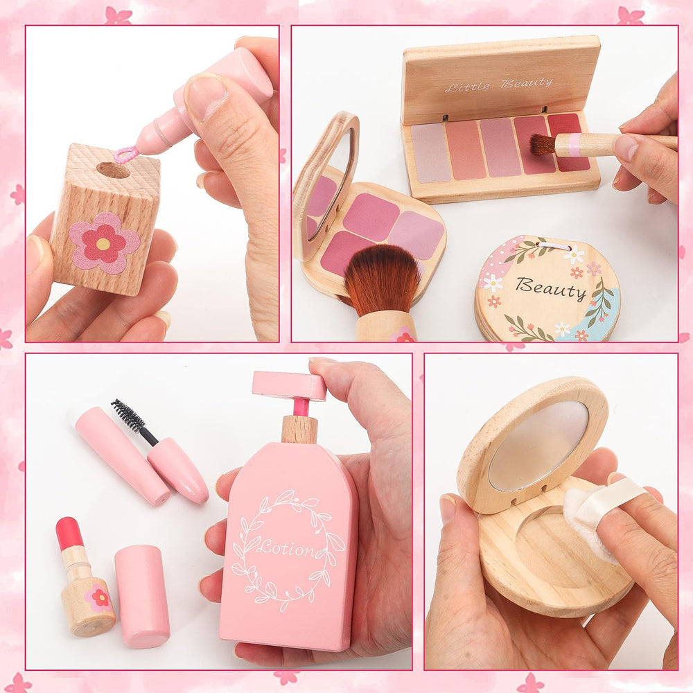SUPERGFS wooden makeup set mascara lipstick demonstrating realistic cosmetics for storytelling.
