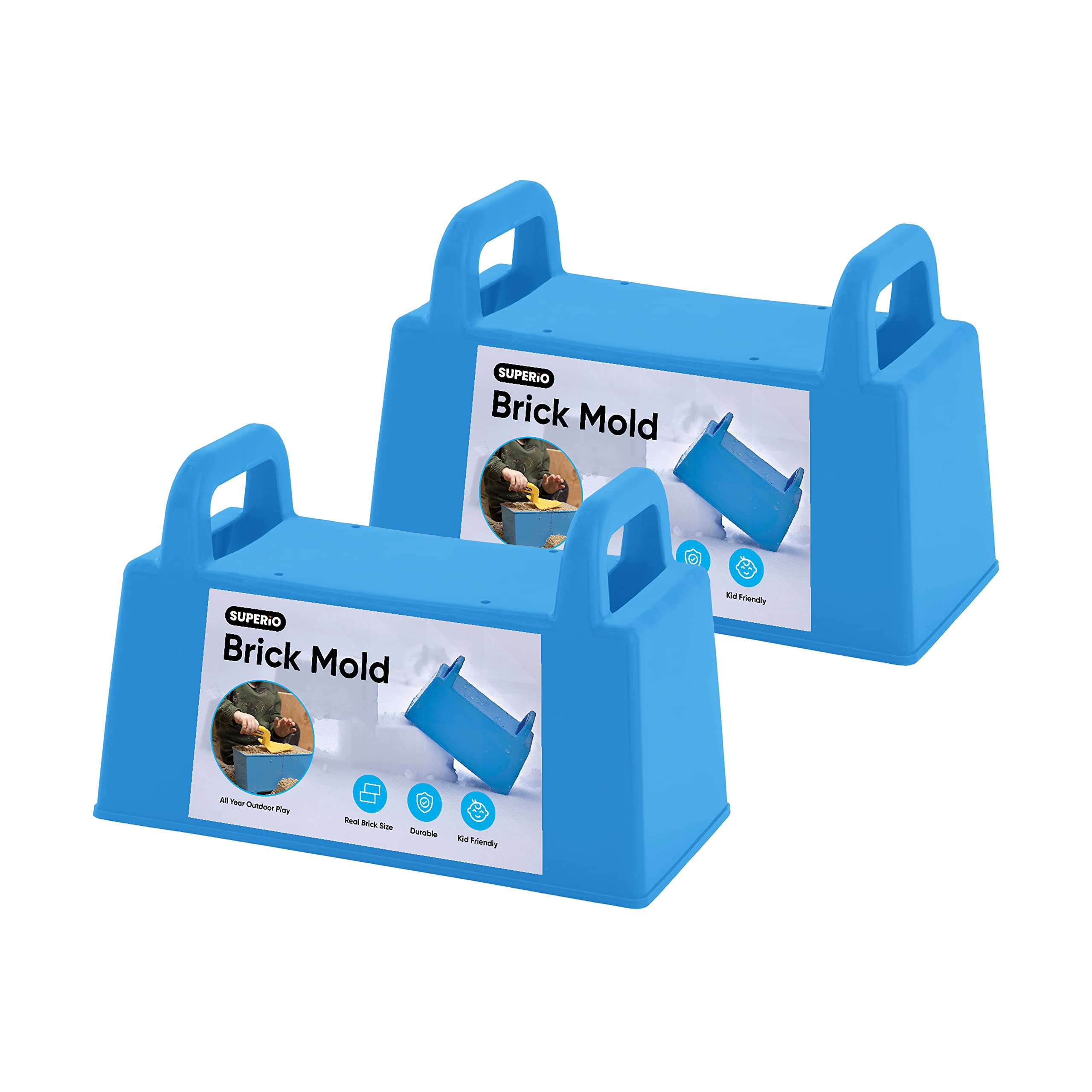 Superio Snow Brick Maker shows blue 2-pack brick blocks for quick snow builds