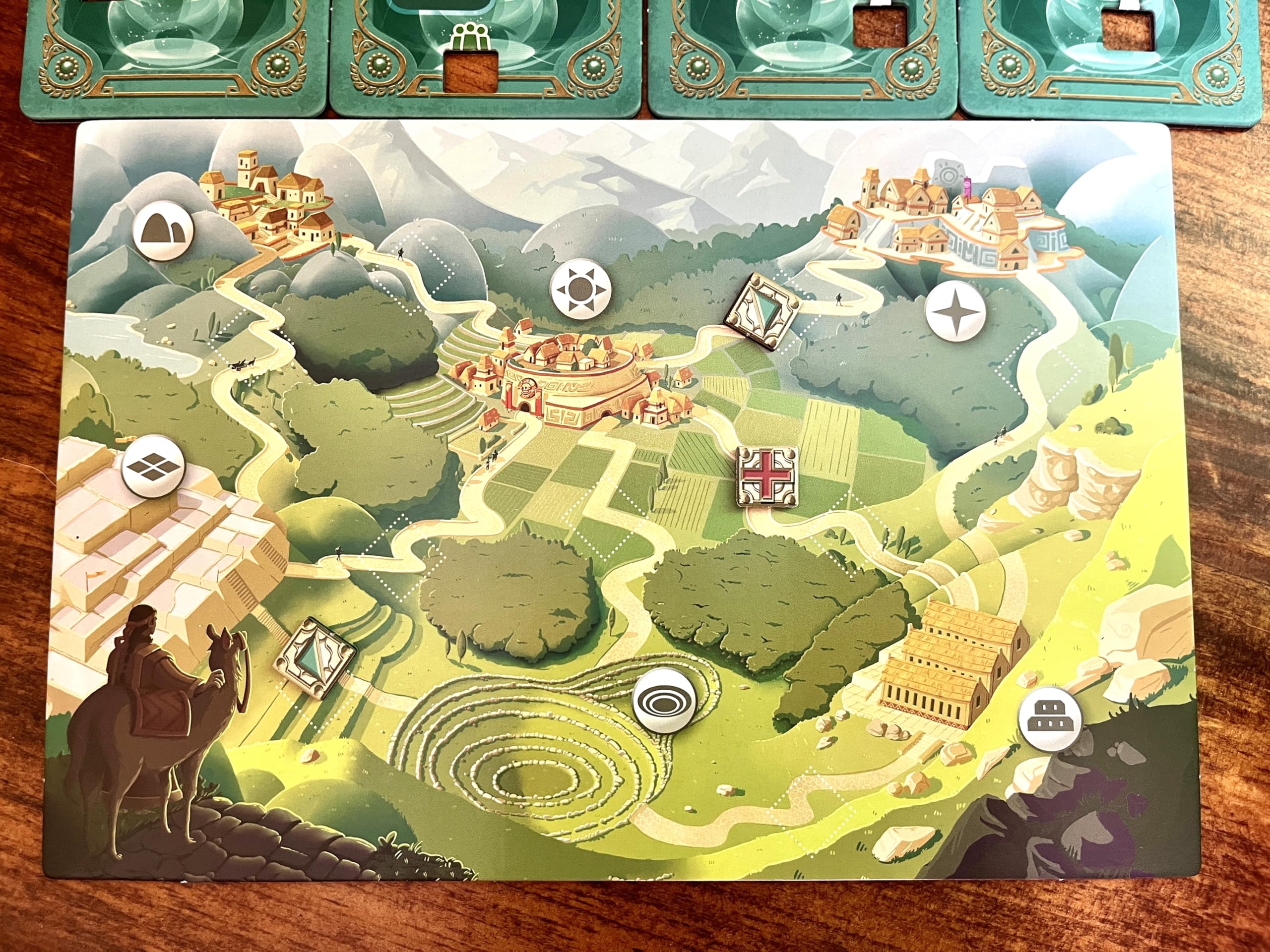 Suspect tiles arranged on the table for interactive deduction in Kronologic.