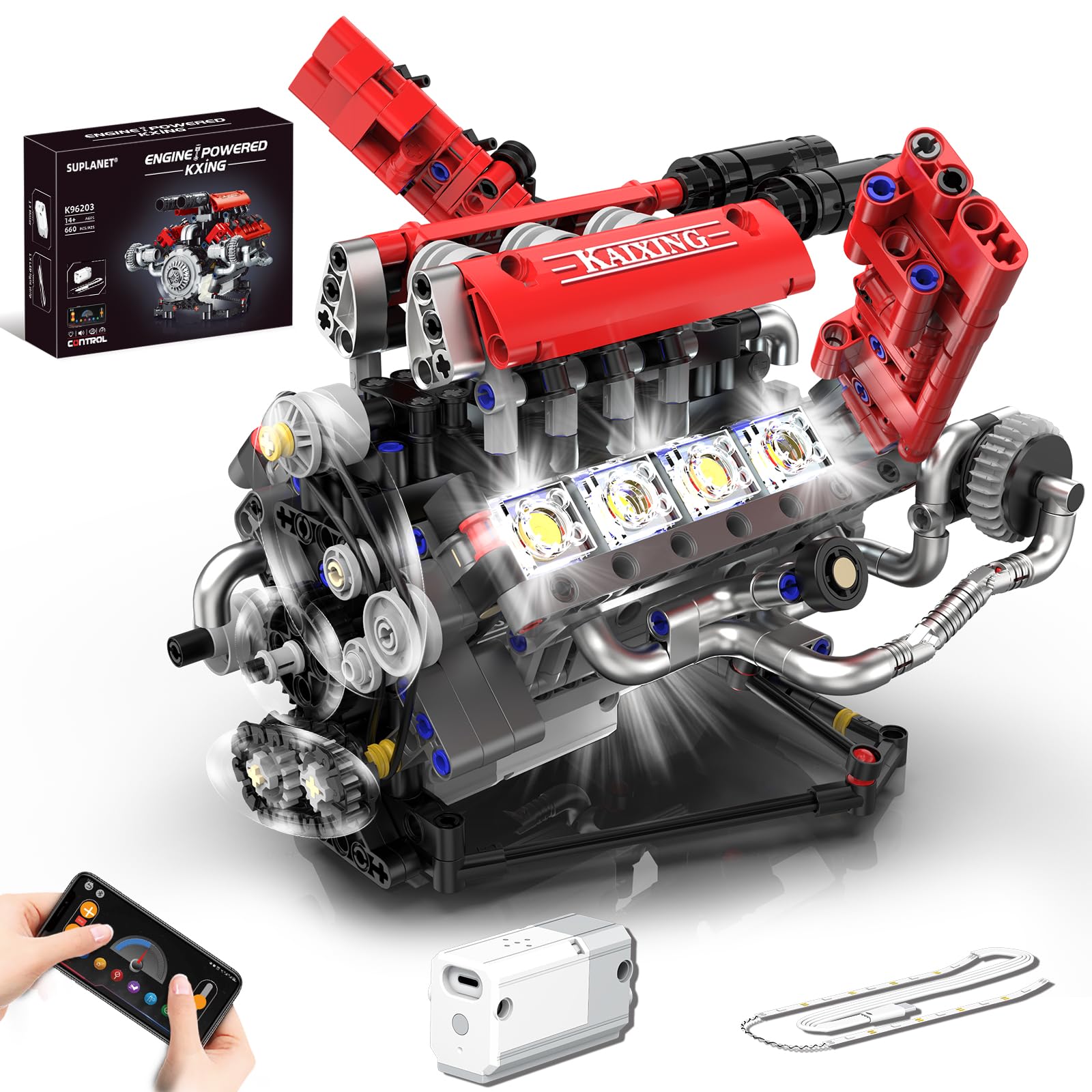 Suplanet Mini V8 Engine Kit with running pistons and LED glow for hands-on learning.