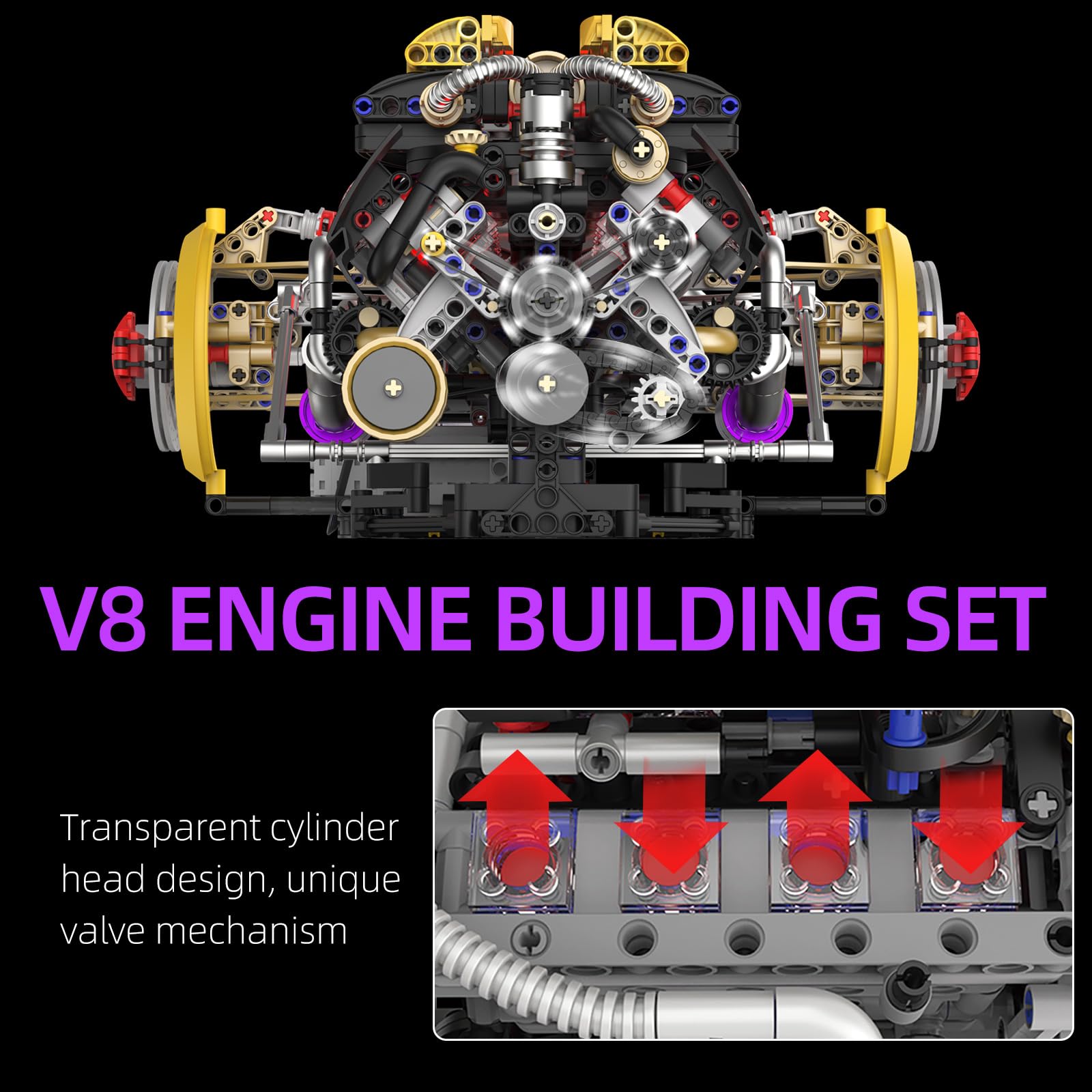 Suplanet V8 engine blocks dynamic pistons and valves demonstrate movement