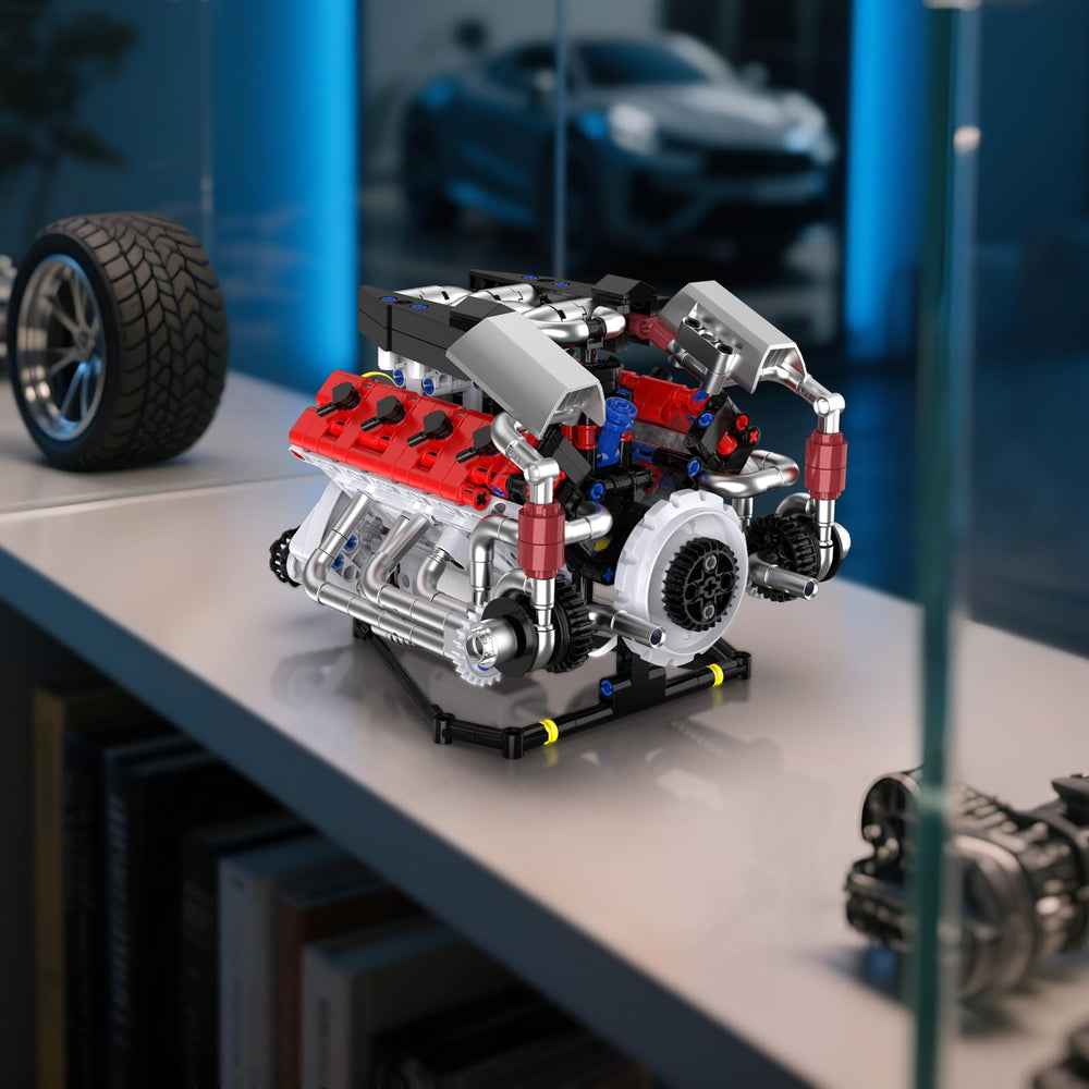Close-up of pistons in motion in the Suplanet V8 engine model kit