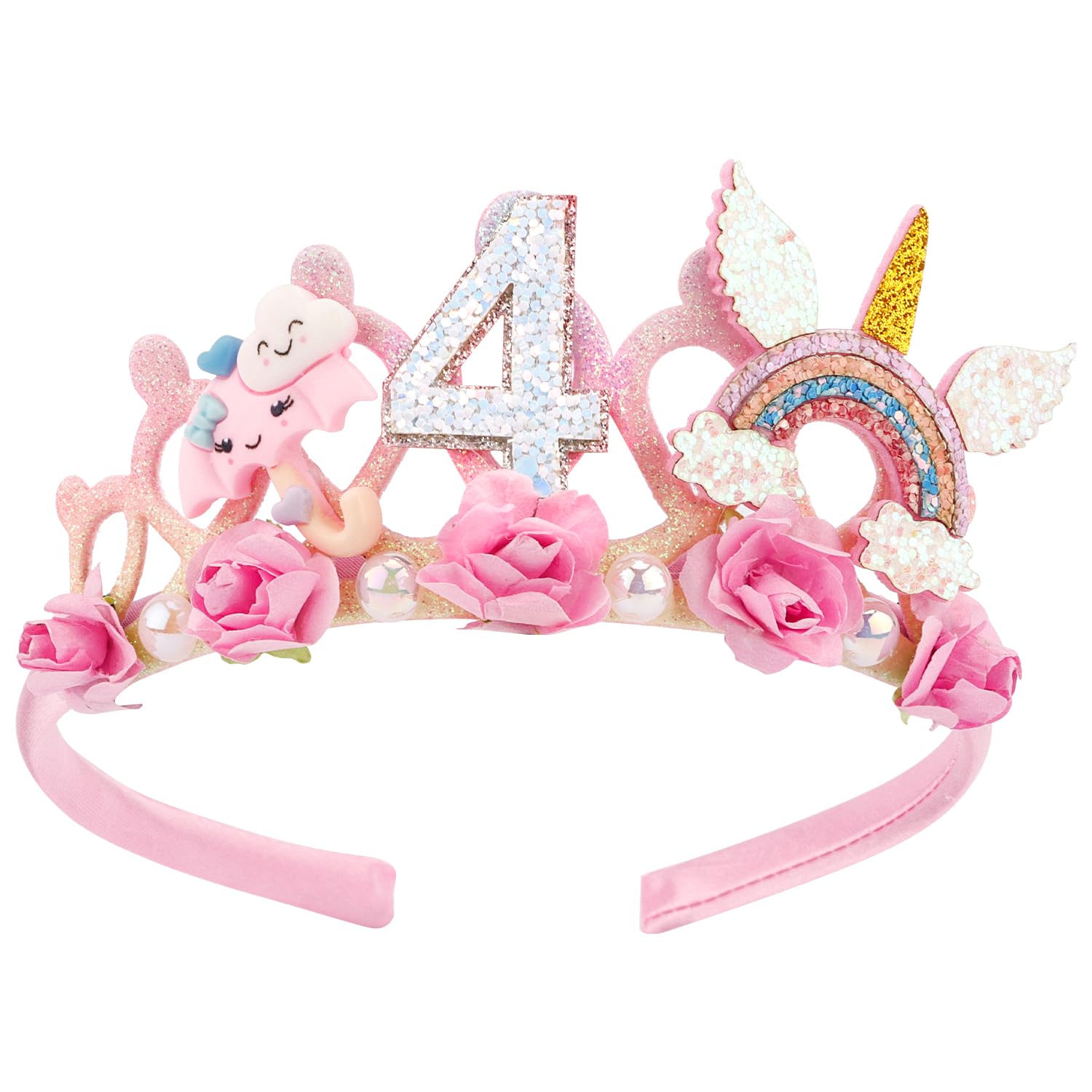 Supoo 4th birthday headband with flower crown for girls, soft and lightweight