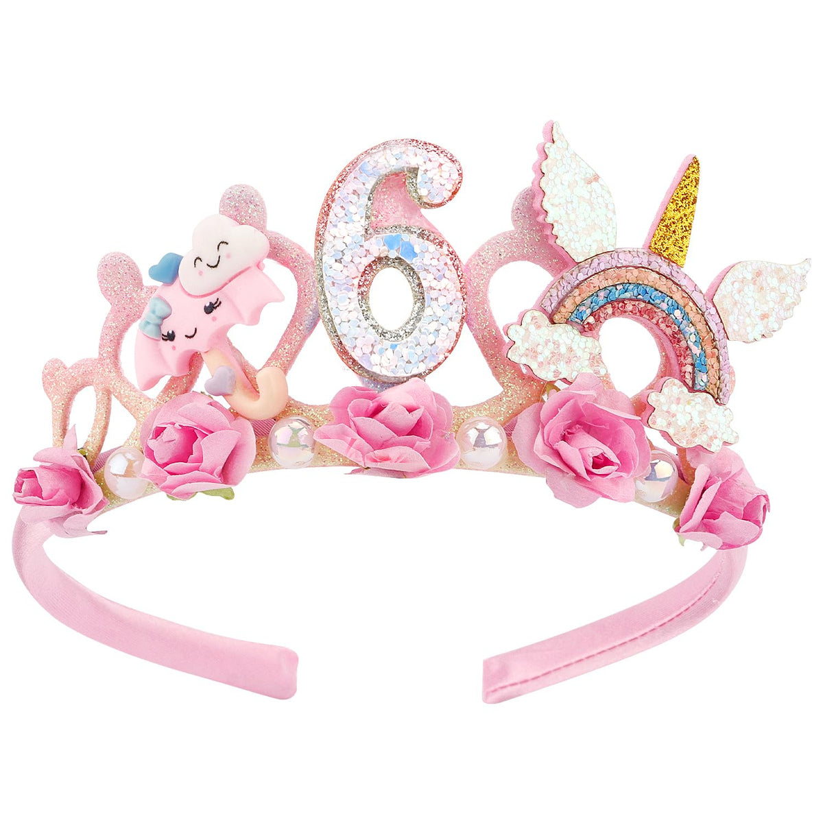 SuPoo 6th birthday headband with flower crown for princess photos