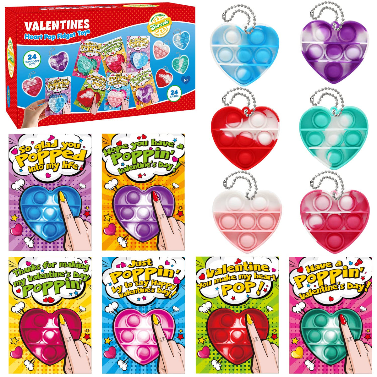 SURCVIO 24-pack pop-it Valentine cards for classroom gift exchange
