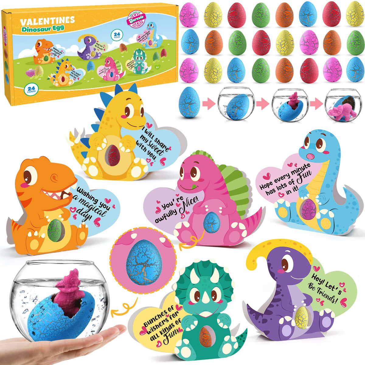 SURCVIO 24-pack dinosaur eggs in bright colors for classroom party favors