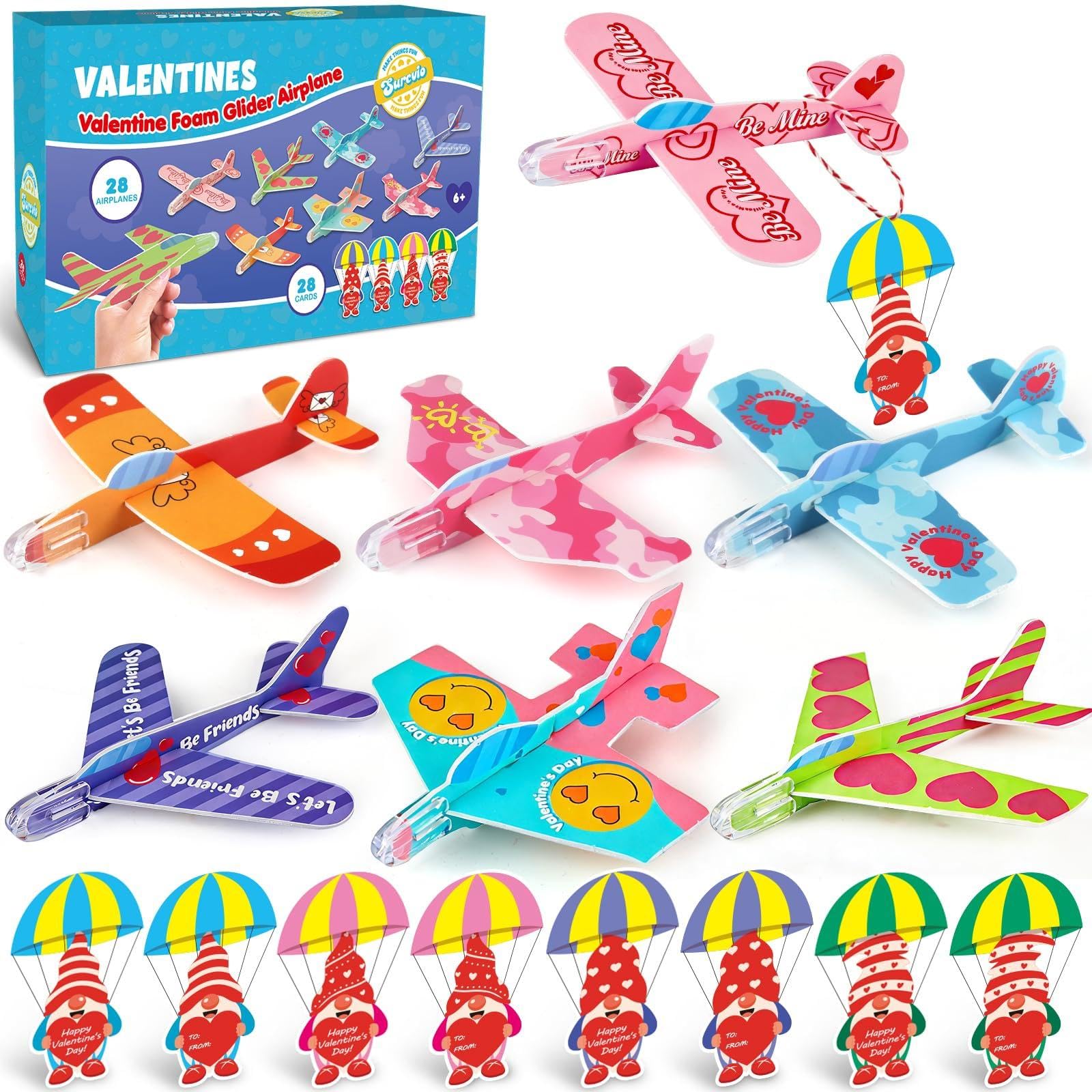 SURCVIO foam airplanes pack showing seven colorful designs for Valentine's Day classroom fun.