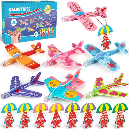 SURCVIO foam airplanes pack showing seven colorful designs for Valentine's Day classroom fun.