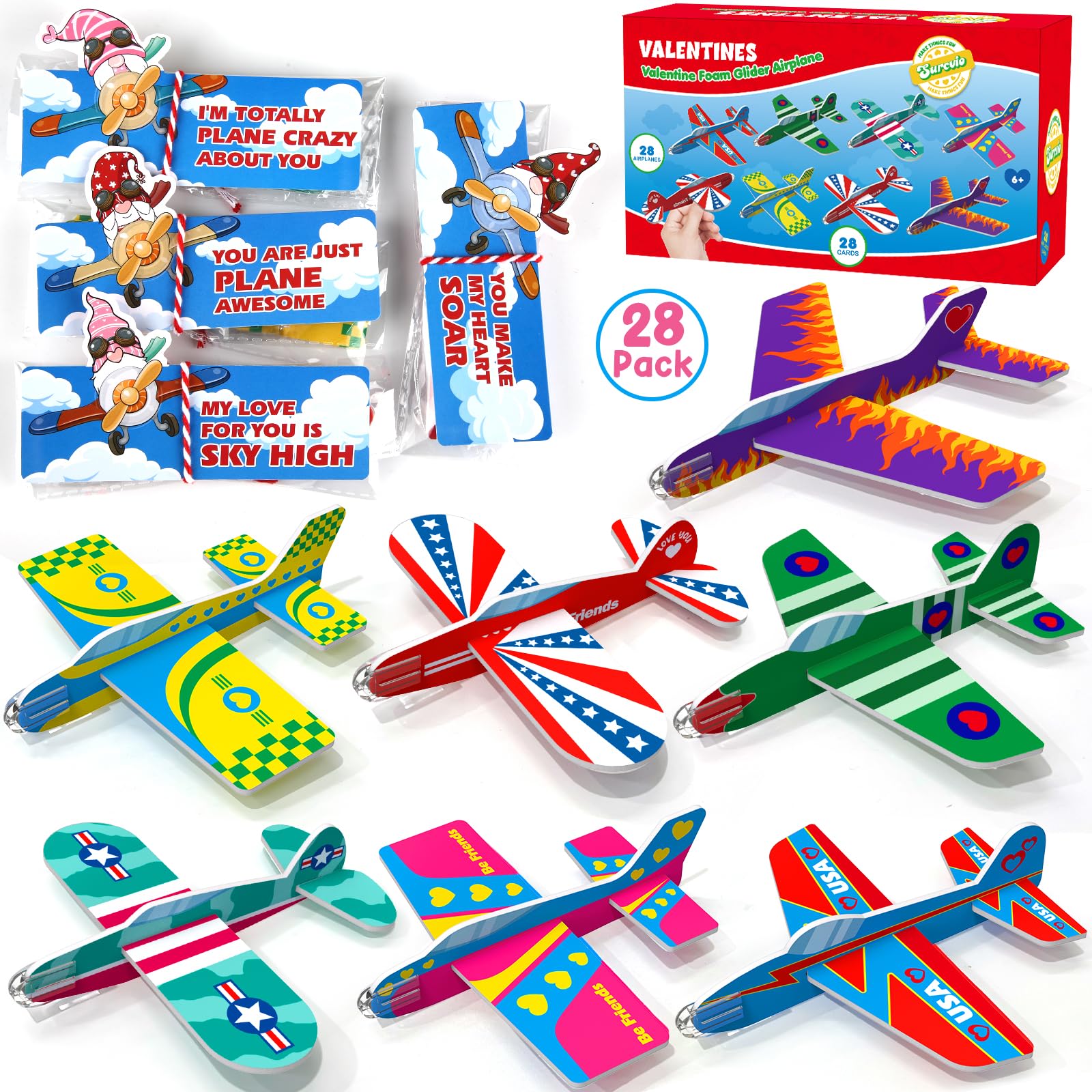 SURCVIO foam airplanes pack with seven designs for kid-friendly Valentine gifts.