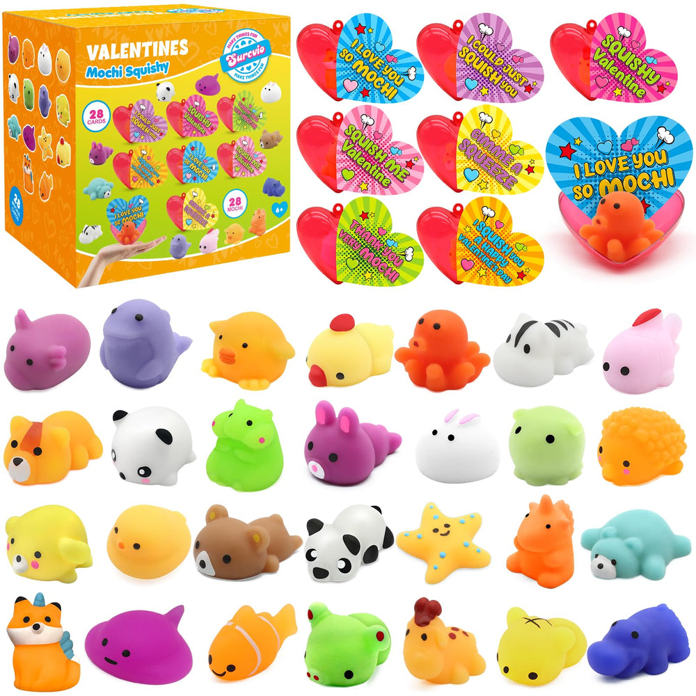 SURCVIO Valentine mochi squishies in bright colors for kids' sensory play.