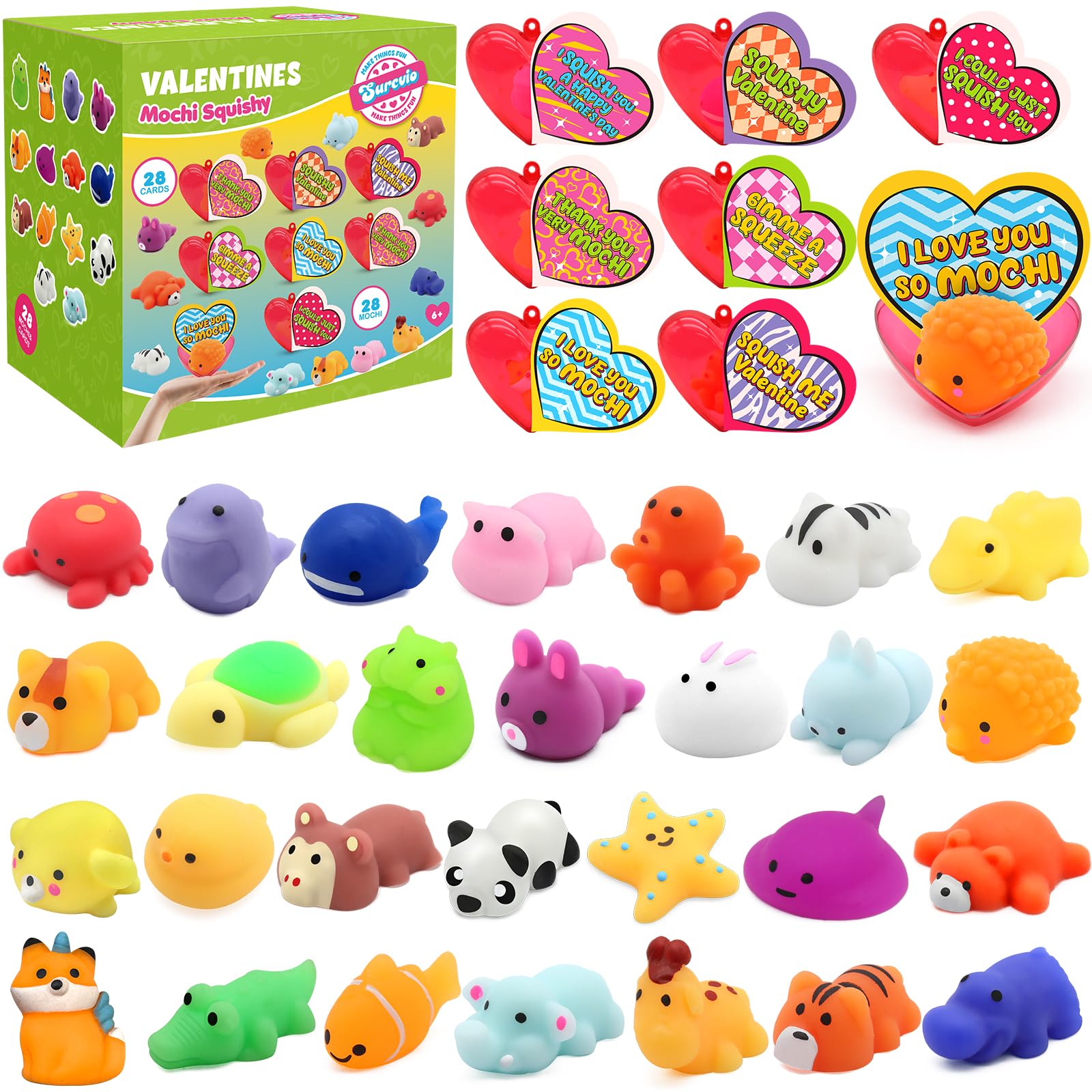SURCVIO mochi squishies inside heart cases for kids' stress relief and gifting