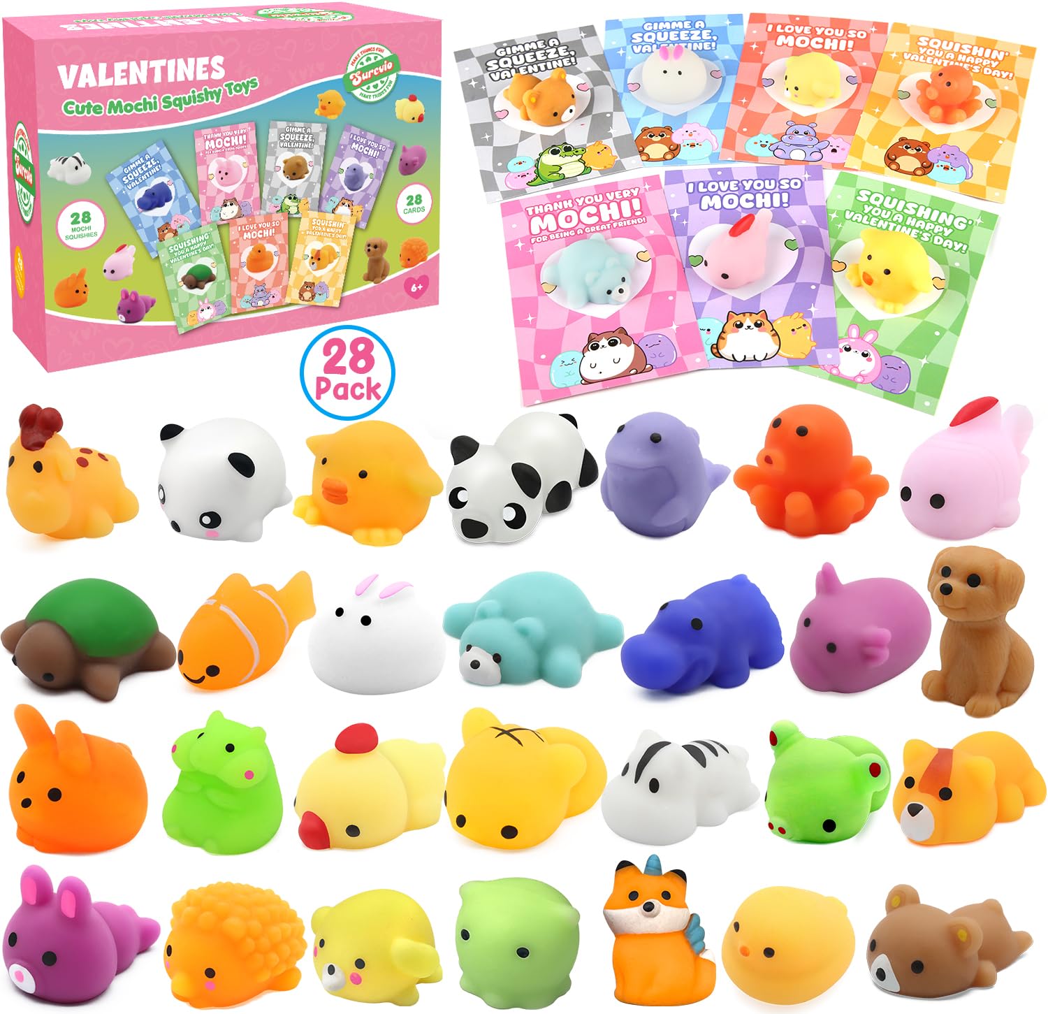 SURCVIO Valentine animal mochi squishies in a 28-pack for classroom gift exchanges.