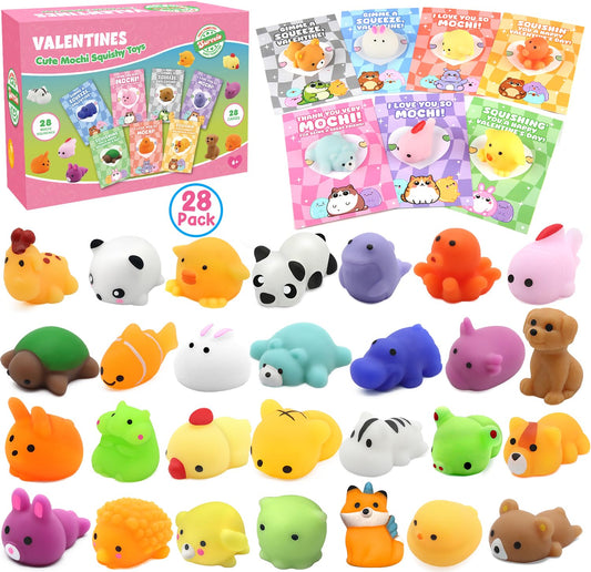 SURCVIO Valentine animal mochi squishies in a 28-pack for classroom gift exchanges.