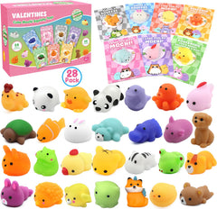 SURCVIO Valentine animal mochi squishies in a 28-pack for classroom gift exchanges.