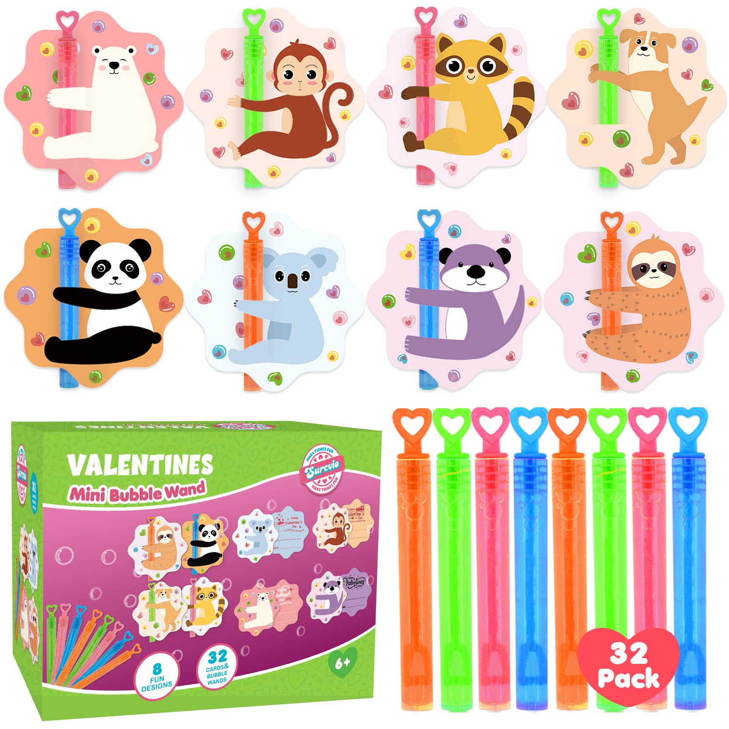 SURCVIO valentines bubble wands with animal cards for classroom gift exchanges.