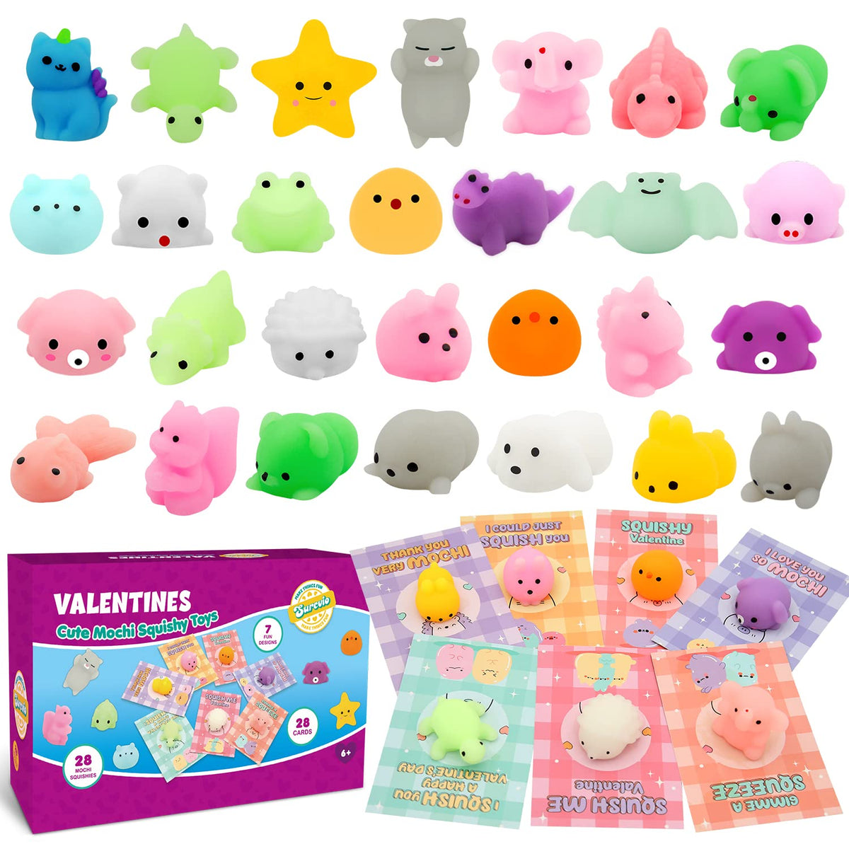 SURCVIO valentine mochis squishies 28-pack ready for classroom gift exchanges.