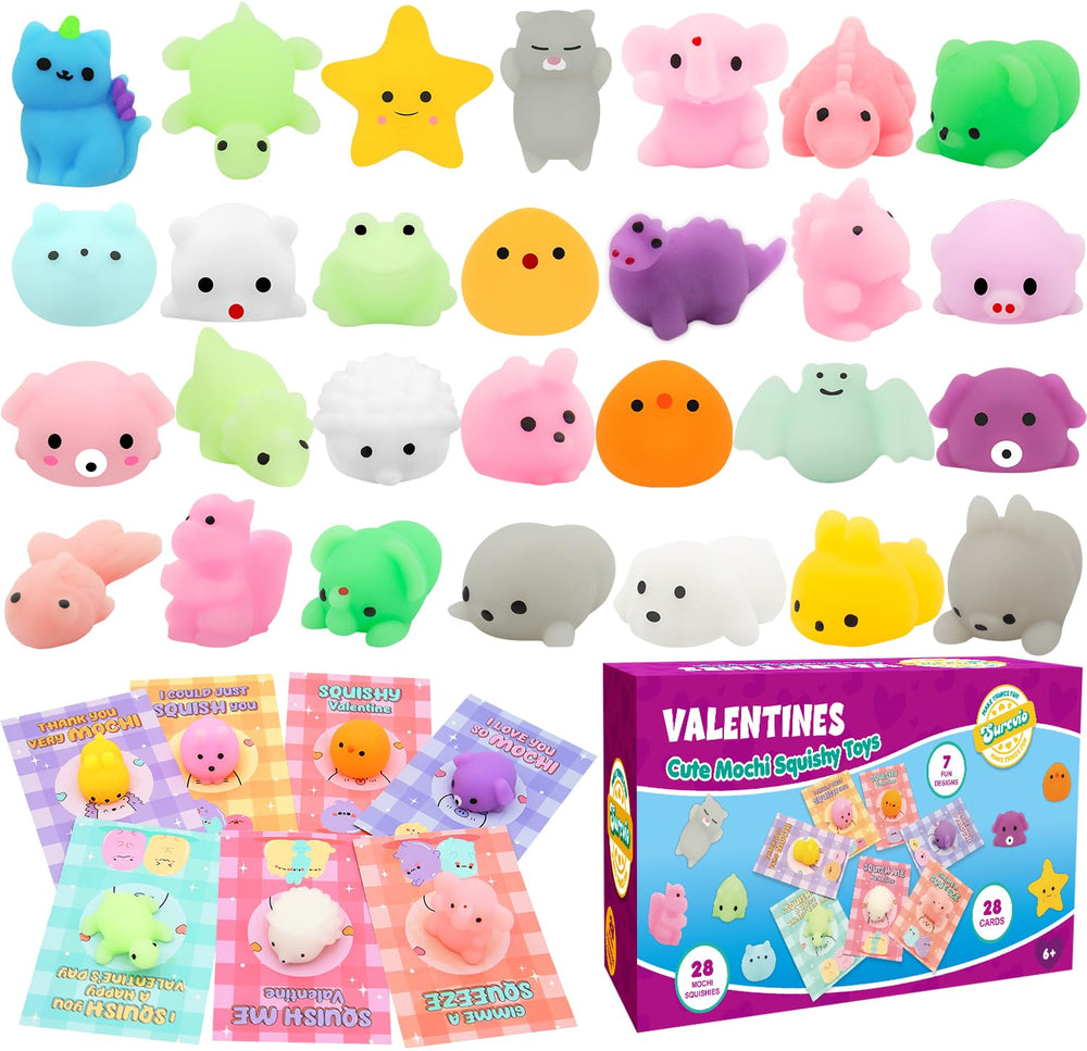 SURCVIO valentines squishy toy card collection for classroom exchanges and gentle fidget play.