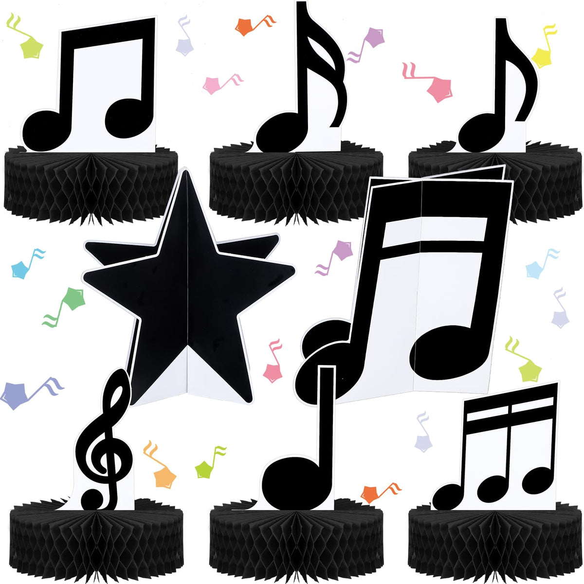 Sureio 8-pack music note centerpieces arranged on a party table for visual impact