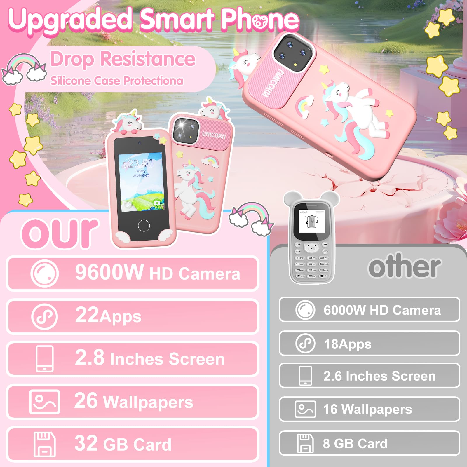 Surelect Kids Smart Phone pink screen demo showing educational apps and games.