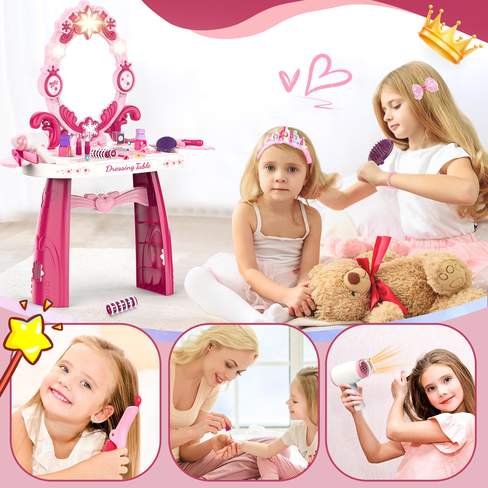 Surelect vanity lights and hairdryer simulate real beauty routines for pretend play.
