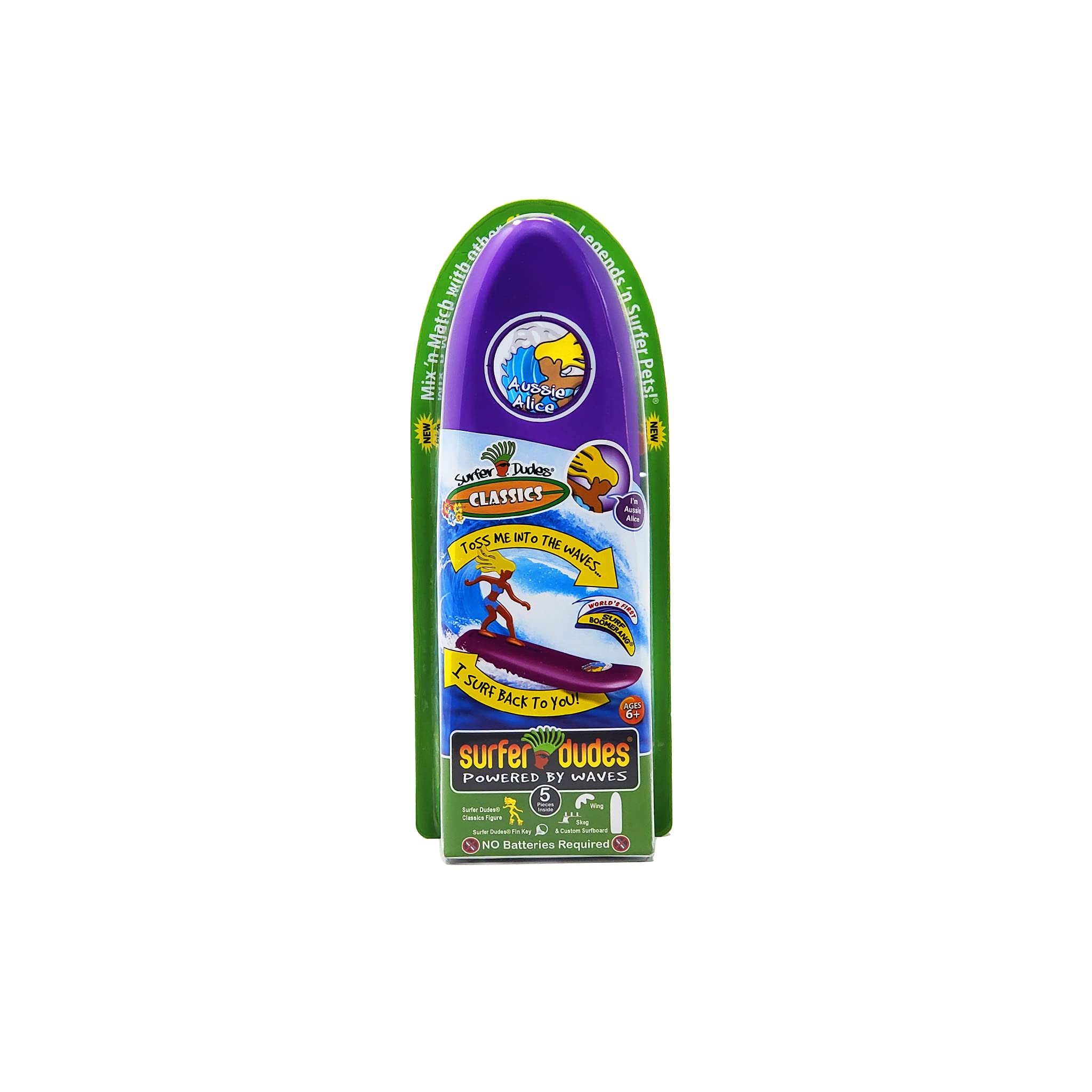 Surfer Dudes Classics self-righting surf boomerang returns after catching a wave.