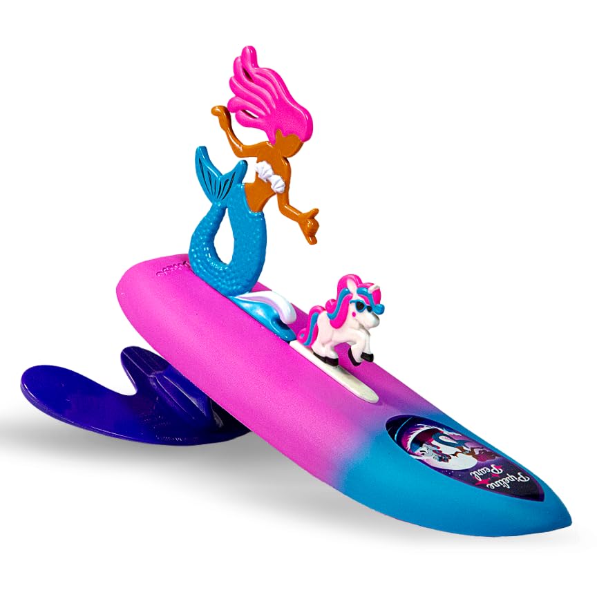 Surfer Dudes Legends mini surfer rides a wave for peak beach fun.