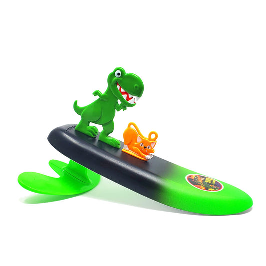 Surfer Dudes Legends Rincon Rex rides a wave with wave-powered mini-surfer for endless beach fun.