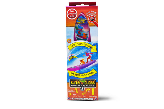 Surfer Dudes Meowi mini surfer pet on a compact board.