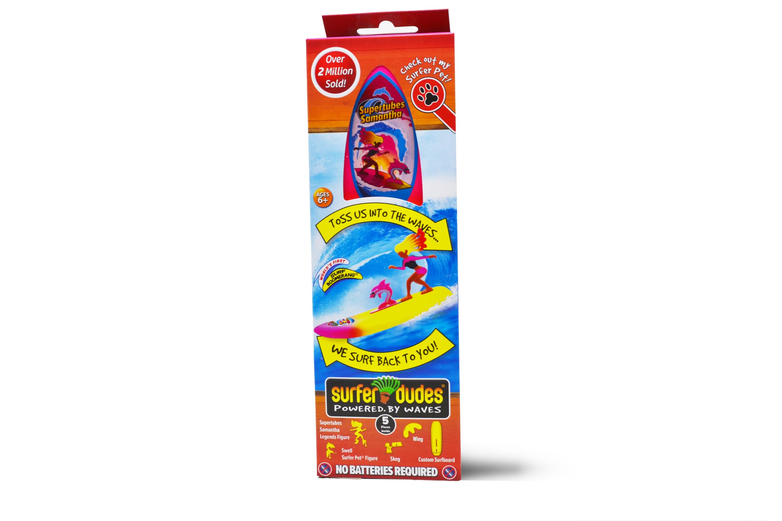 Surfer Dudes Pet on the unsinkable board for durable splashy play
